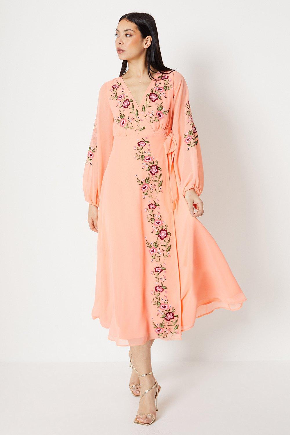 Embroidered Wrap Blouson Sleeve Midi Dress - Pink